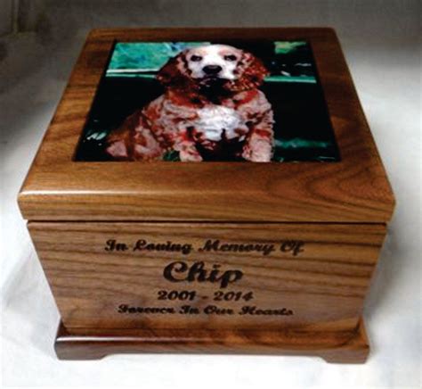 a wooden box with a photo of a dog on it