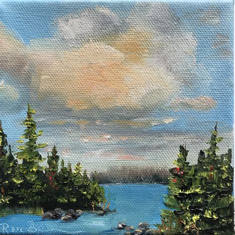 Sky Painting, Cloud Painting, Lake Scenery, Small Oil Painting, Lake ...