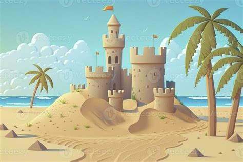 Cartoon style sand castle on the beach, created with generative AI ...