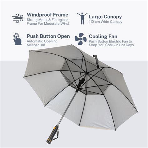 Fan Umbrella - Black UV Parasol with Built In Fan. Portable Cooling!