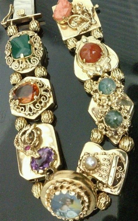 14k YG ANTIQUE VINTAGE SLIDE BRACELET WITH 8 LG GORGEOUS GEMSTONE SLIDE CHARMS | Vintage ...