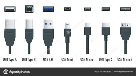 Flat black usb types port plug in cables set with realistic connectors ...