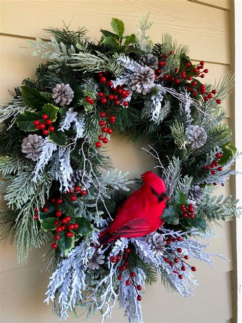 Christmas Wreath for Front Door Cardinal Wreath Frosty Red | Etsy