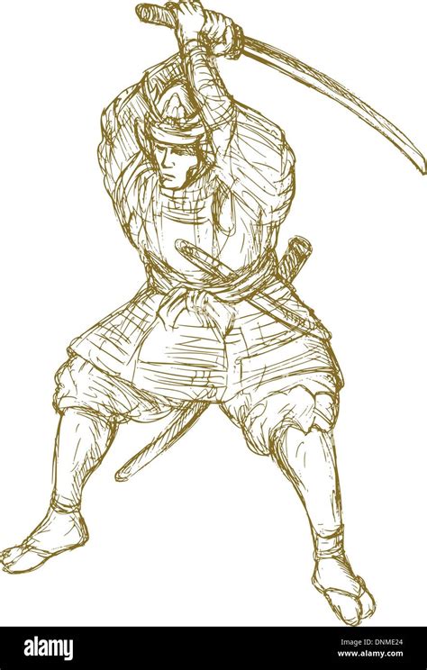 hand drawn sketch illustration of a samurai warrior with sword in ...