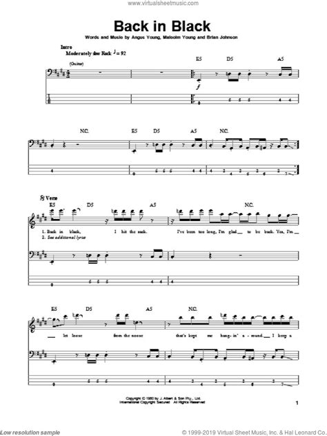 Back In Black sheet music for bass (tablature) (bass guitar) | Bass ...