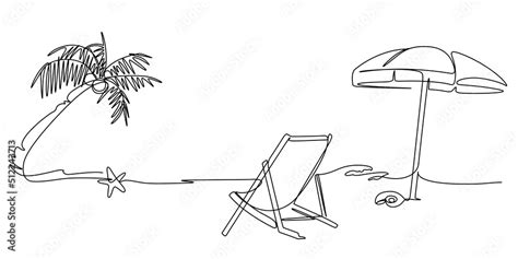 Summer sea beach scene view one line drawing illustration. Continuous ...