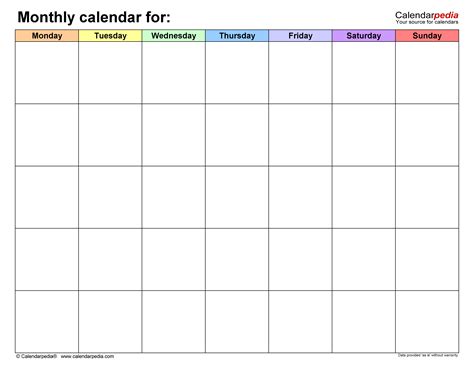 Blank Monthly Calendar Templates for Microsoft Excel