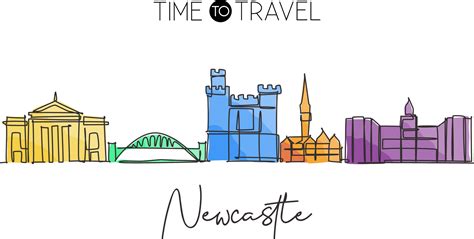 Single continuous line drawing of Newcastle city skyline. Famous city skyscraper landscape in ...