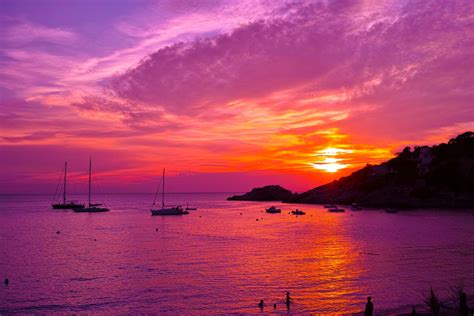 Download Spain Ibiza Orange (Color) Purple Sky Boat Ocean Photography Sunset 4k Ultra HD Wallpaper