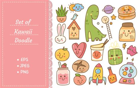 Set of Kawaii Doodles, Cute Stickers Graphic by Big Barn Doodles ...