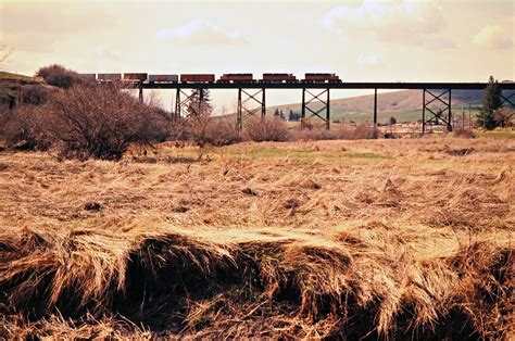 MILW, Tekoa, Washington, 1975 Eastbound Milwaukee Road freight train crossing bridge in Tekoa ...