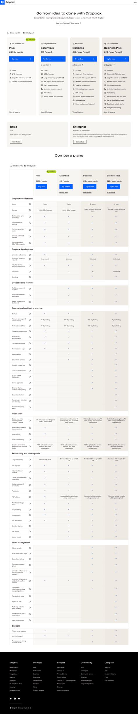 Dropbox pricing page - SaaS Landing Page