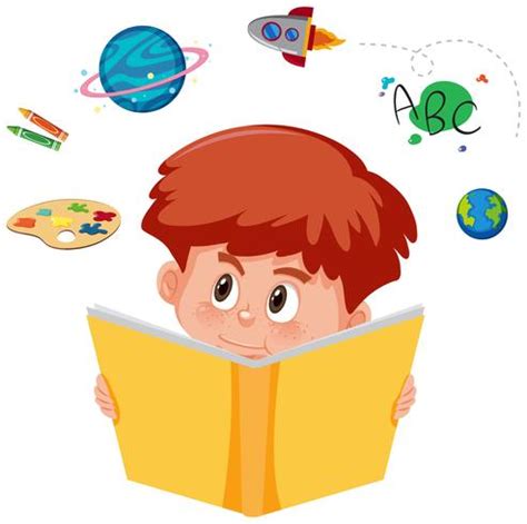 Young boy reading a book with imagination 614400 Vector Art at Vecteezy