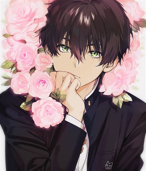 Wallpaper : Hyouka, anime girls, anime boys, 2D, short hair, pink roses, looking at viewer ...