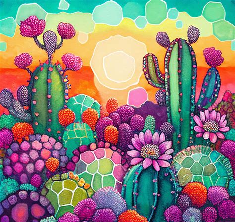 Wall Art Print | Desert Bloom fall color painting, Sunset on Cactus ...