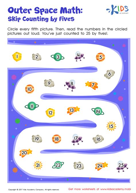 Outer Space Math Printable Worksheet: Skip Counting by 5s Free Printout for Kids