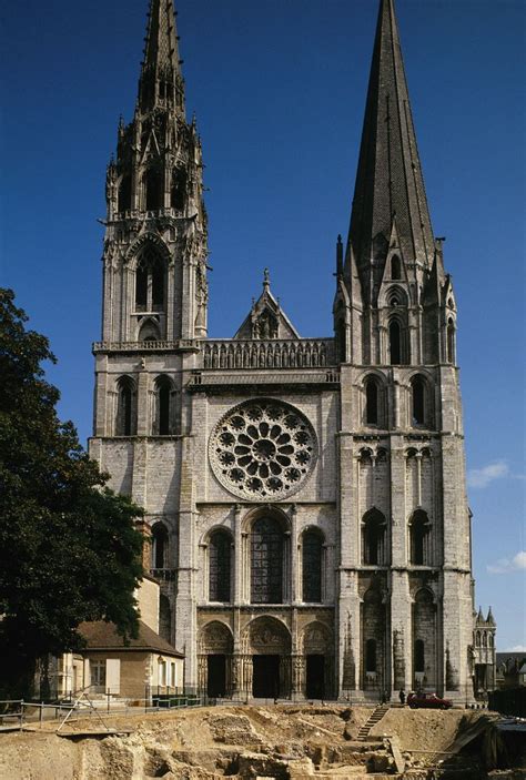 West facade, Chartres Cathedral 1134-1220 located in France. The two ...