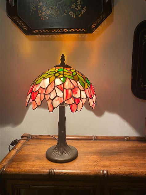Vintage Tiffany Style Stained Glass Table Lamp Tiffa-mini Bronze Base ...