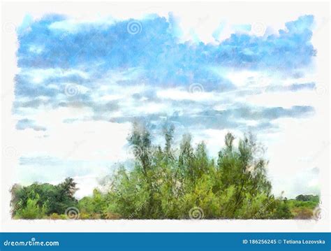 Digital Illustration - Suburban Landscape in Watercolor Painting Style Stock Illustration ...