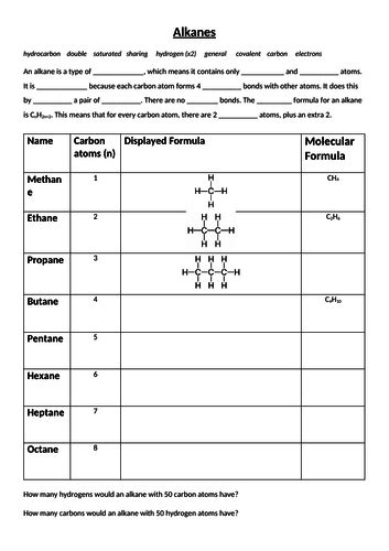 Alkanes (hydrocarbons) Worksheet (with Answers) | Teaching Resources