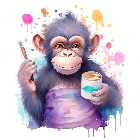 Premium Photo | Watercolor painting of a monkey holding a paintbrush ...