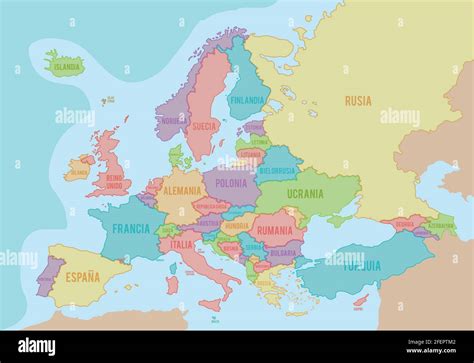 Political map of Europe with colors and borders for each country and ...