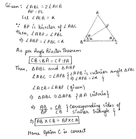 In triangle{ABC}, angle ABC is equal to twice the angle ACB, and bisector of angle ABC meets the ...