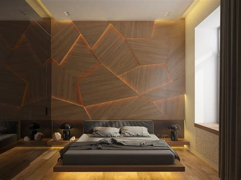 bedroom accent wall with unique lighting | Interior Design Ideas