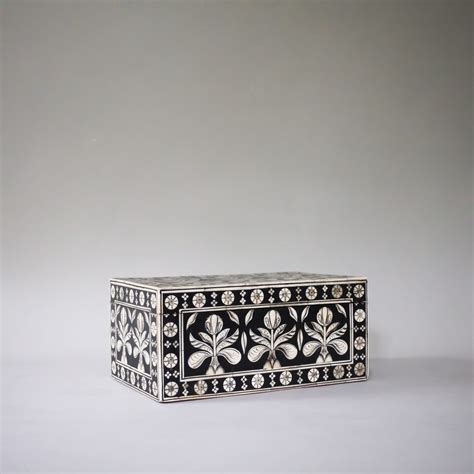 Floral Wooden Bone Inlay Box in Black and White - Elizabeth Hay