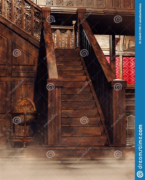 Wooden Stairs in an Old Library Stock Illustration - Illustration of ...