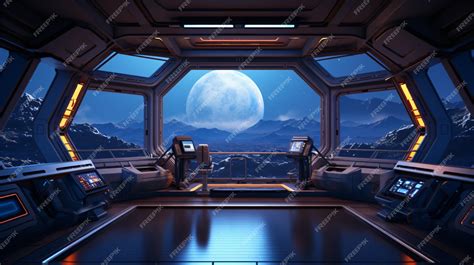 Premium Photo | Bright spaceship interior with a view out a dark