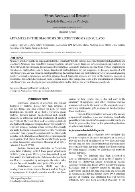 (PDF) APTAMERS IN THE DIAGNOSIS OF RICKETTSIOSIS SENSU LATO