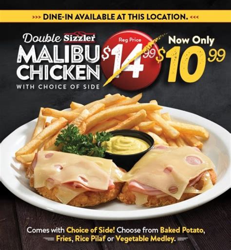 Sizzler Coupon Code: Double Malibu Chicken with choice of side $10