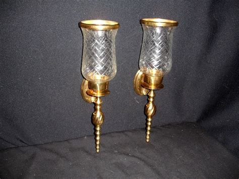 Set of (2) Brass Candle Holders - Wall Sconces With Glass Globes - Taper Candle | Brass candle ...