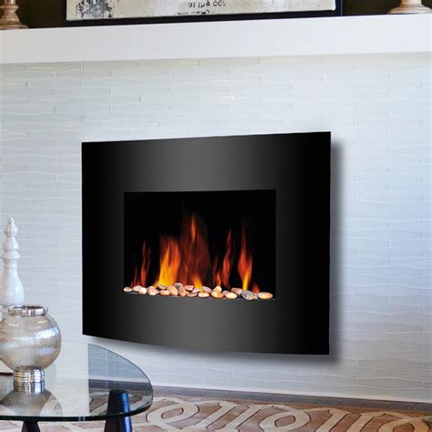 Black Glass Electric Fireplace Fire Slim Curved Wall Mounted Living ...