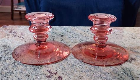 Vintage Pair Pink Depression Glass Candlestick Holders | #4632439296