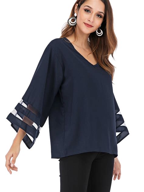 SAYFUT - Juniors' Plus Size Tops Blouses for Women Shirts Casual V Neck 3/4 Bell Sleeve Loose ...