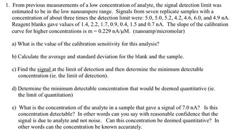 from previous measurements of a low concentration of analyte the signal detection limit was ...