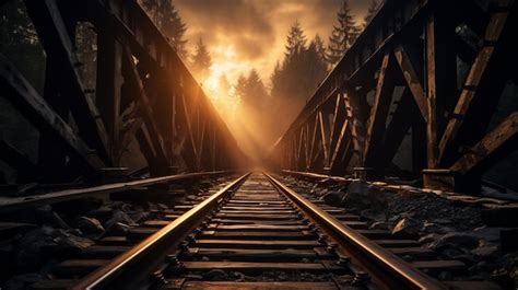 Premium AI Image | railroad tracks on a bridge at sunset