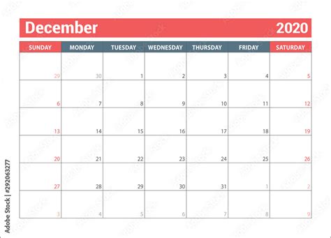 December 2020. Horizontal planner. English calendar. Сolor vector template. Week starts on ...