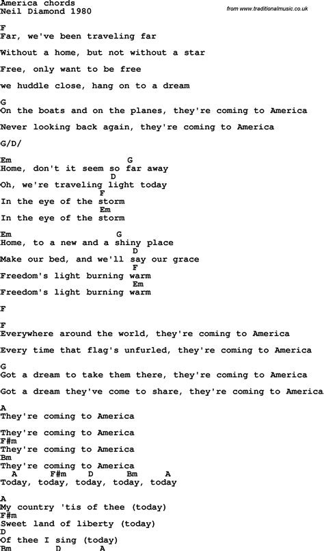 Song lyrics with guitar chords for America - Neil Diamond 1980