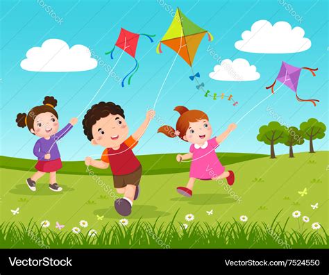 Three kids flying kites in the park Royalty Free Vector