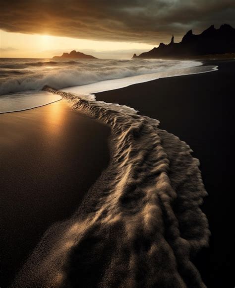 Premium AI Image | A black sand beach with a sunset in the background.