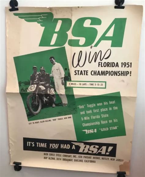 ORIGINAL 1951 “BSA WINS 1951 FLORIDA STATE CHAMPIONSHIP” POSTER - 21” x 17” $49.99 - PicClick