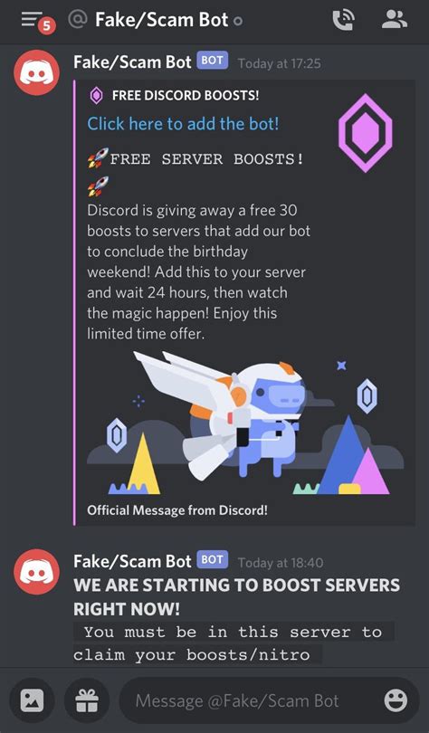 Discord bot posing as discord claiming to give free nitro boosts. Got ...