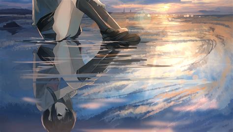 reflection, school uniform, clouds, water, anime girls HD Wallpaper