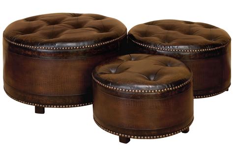 Classic Tufted Leather Round Ottomans (Set of 3) at Gardner-White | Round leather ottoman ...