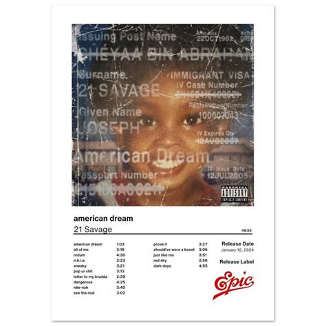 21 Savage American Dream Poster American Dream Album Cover Poster Tracklist Series - Etsy