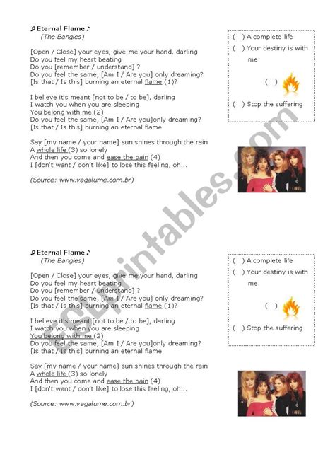 Song Activity - Eternal Flame - ESL worksheet by daniellemotta