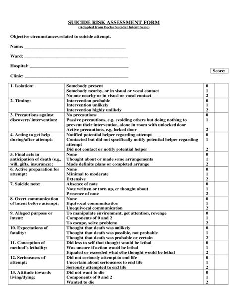 Suicide Risk Assessment Sample Form Free Download